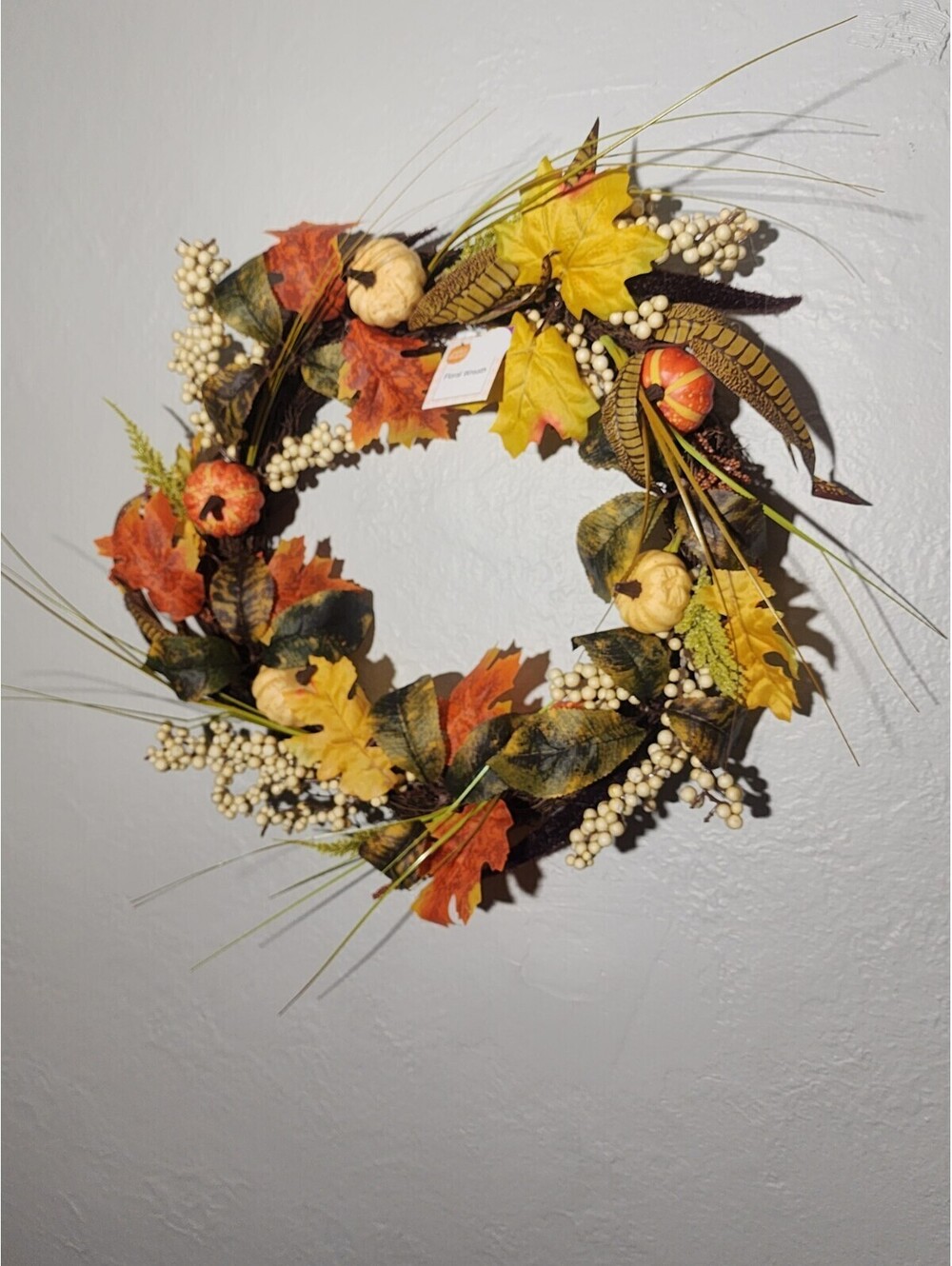 Front Door Fall Wreath, Autumn Orange Leaf Pumpkins for Home Porch Decoration